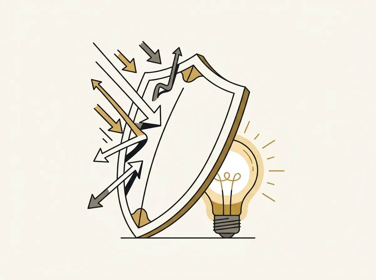 A shield protecting a lightbulb from arrows, representing user research as risk reduction for new ideas.