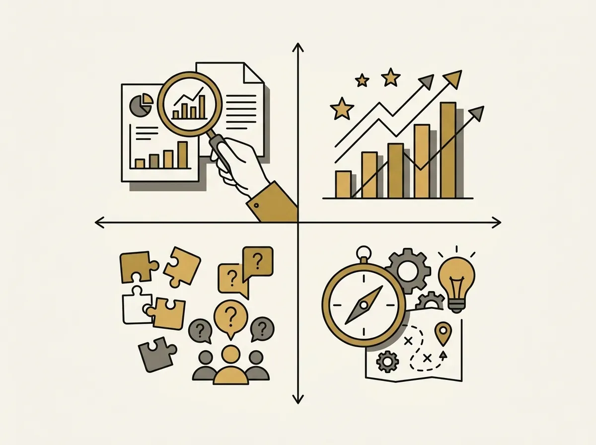A simple 2x2 grid representing the four quadrants of user research methods.