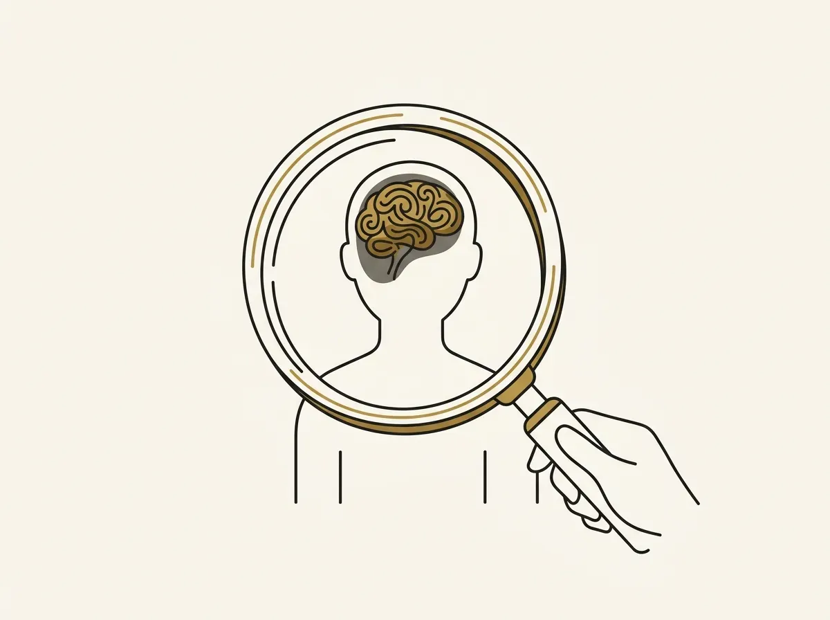 A magnifying glass revealing complex thoughts inside a person's head, representing qualitative research.