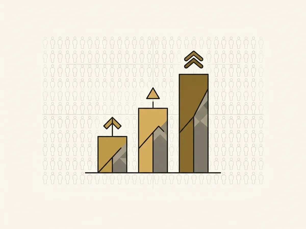 A bar chart superimposed over a grid of many people, representing quantitative research.