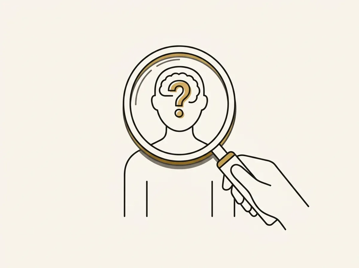 A magnifying glass over a person, revealing a question mark in their head, representing UX research.