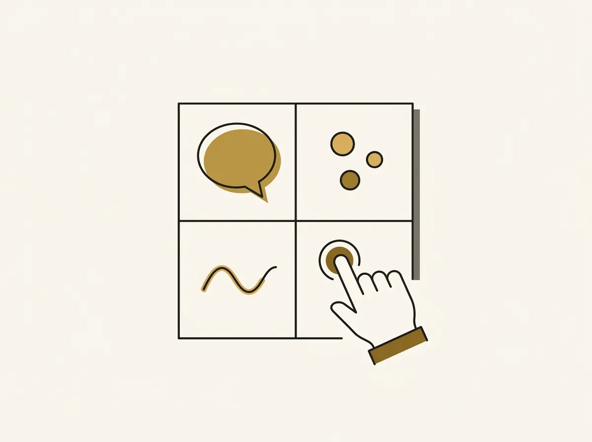 A 2x2 grid showing icons for speech, action, data points, and qualitative insight, representing UX research methods.