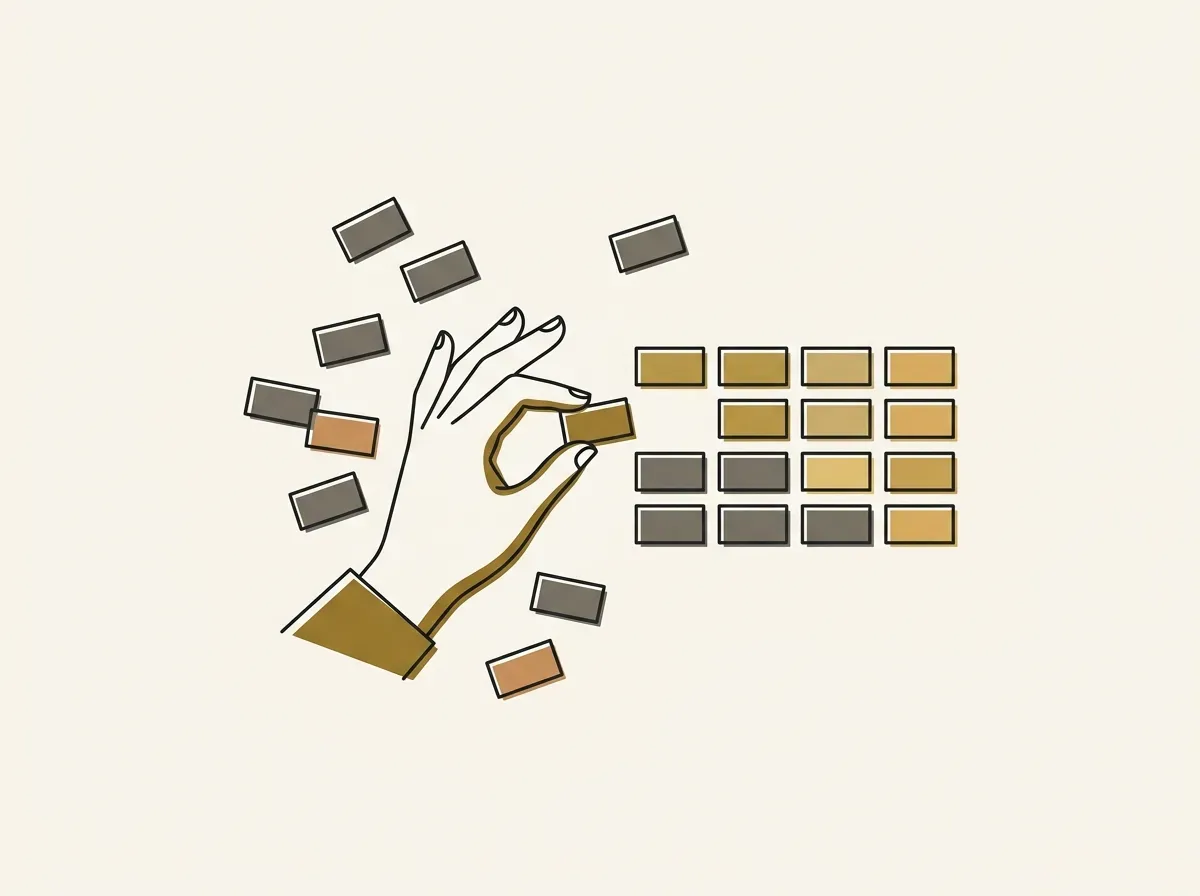 A hand organizing small rectangular notes into groups, representing the synthesis step of a UX research study.