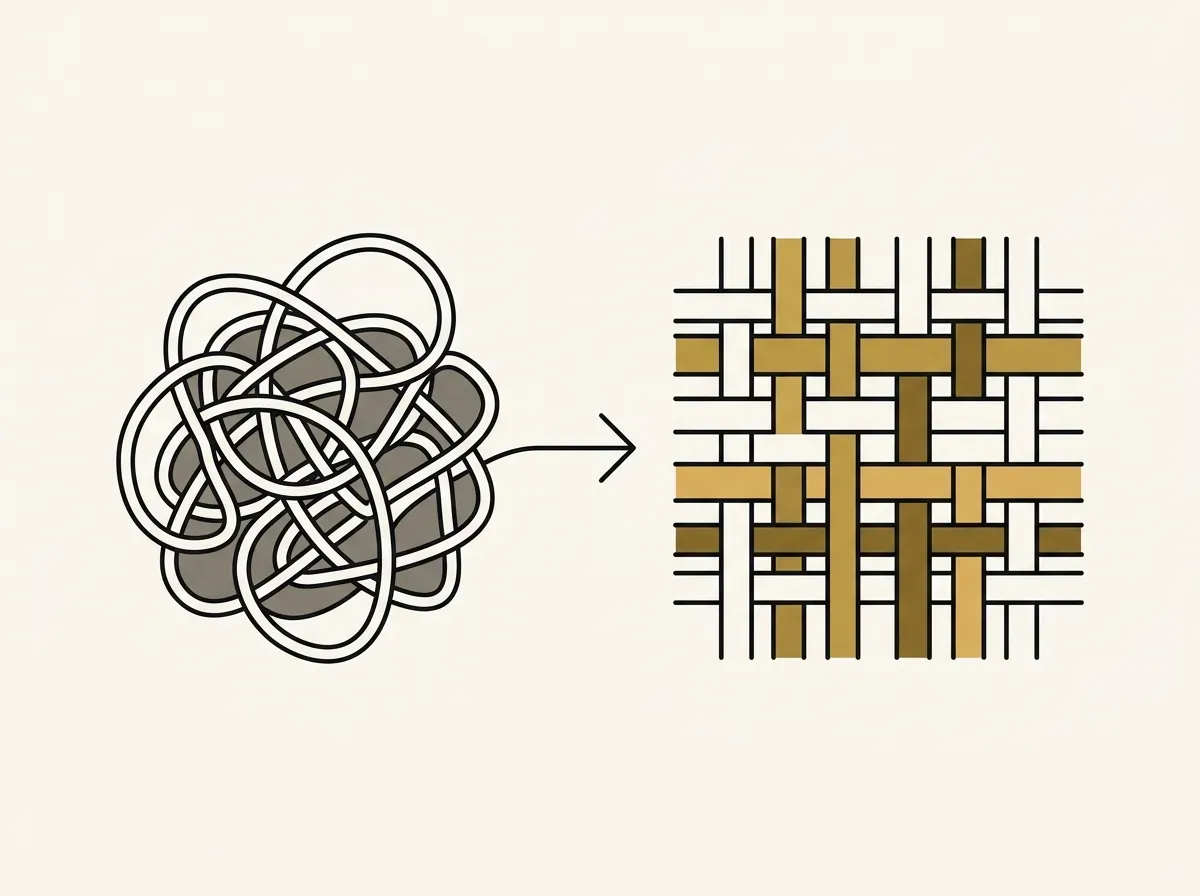 A tangled thread being woven into an organized pattern, representing the synthesis of interview findings.