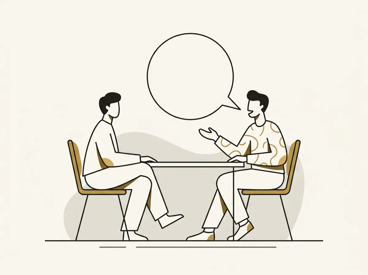An illustration of two people having an in-depth conversation, representing qualitative research.