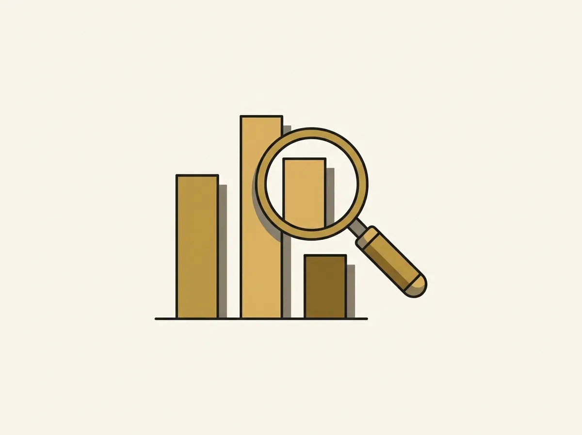 An illustration of a bar chart under a magnifying glass, representing quantitative research.