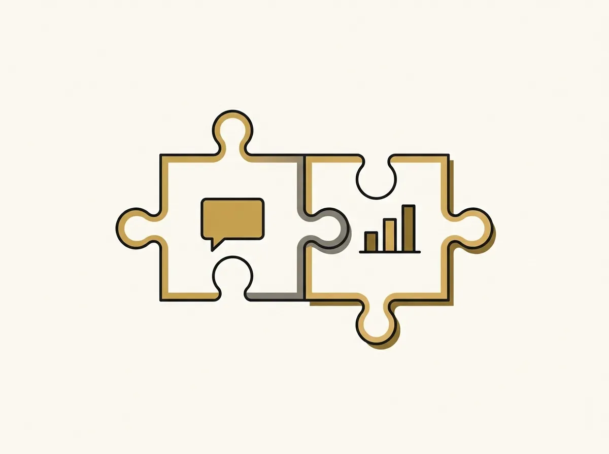 An illustration of two puzzle pieces, one with a speech bubble and one with a bar chart, fitting together.