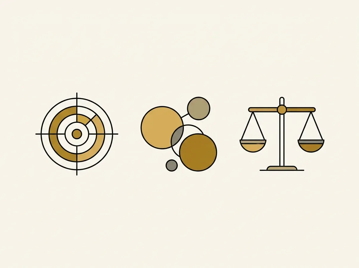 Three icons representing factors for research: a target for the goal, varied circles for audience diversity, and a scale for risk.