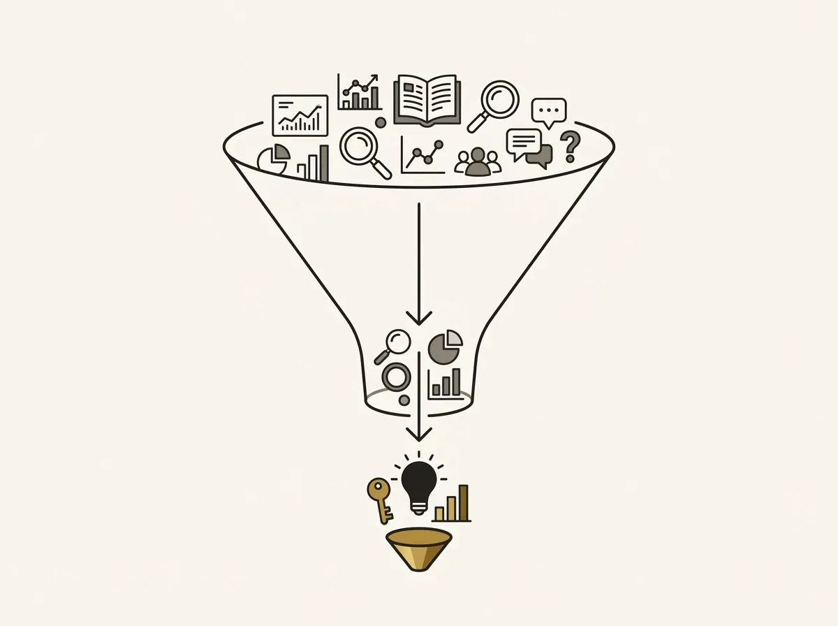 A large funnel narrowing to a small point, symbolizing the strategy of narrowing research scope to work within constraints.