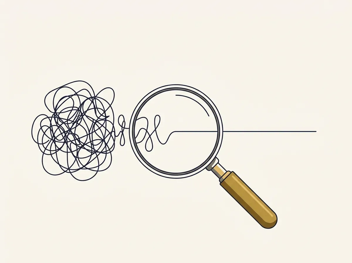 An abstract illustration of a tangled line being examined by a magnifying glass and becoming a straight line.