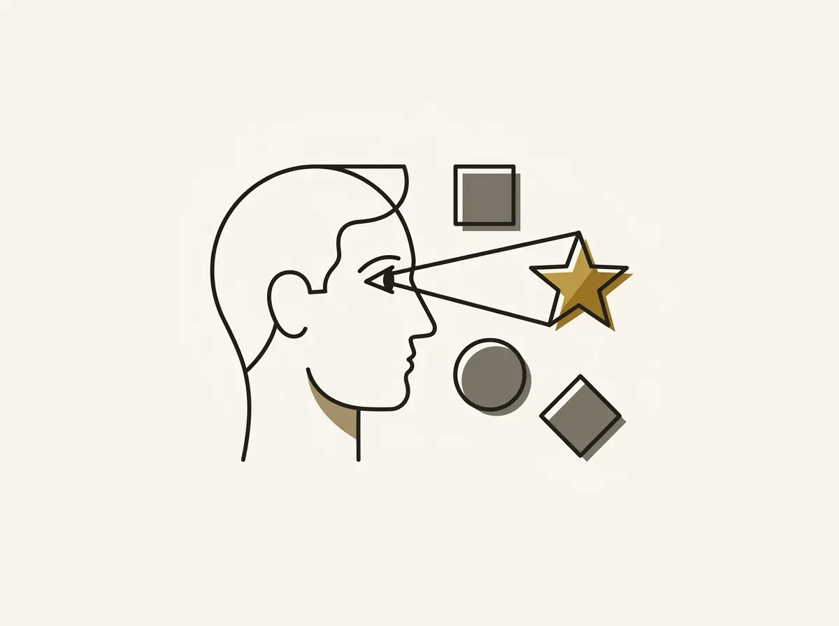 An illustration of a person's eye shining a light on only one shape among many, representing confirmation bias.