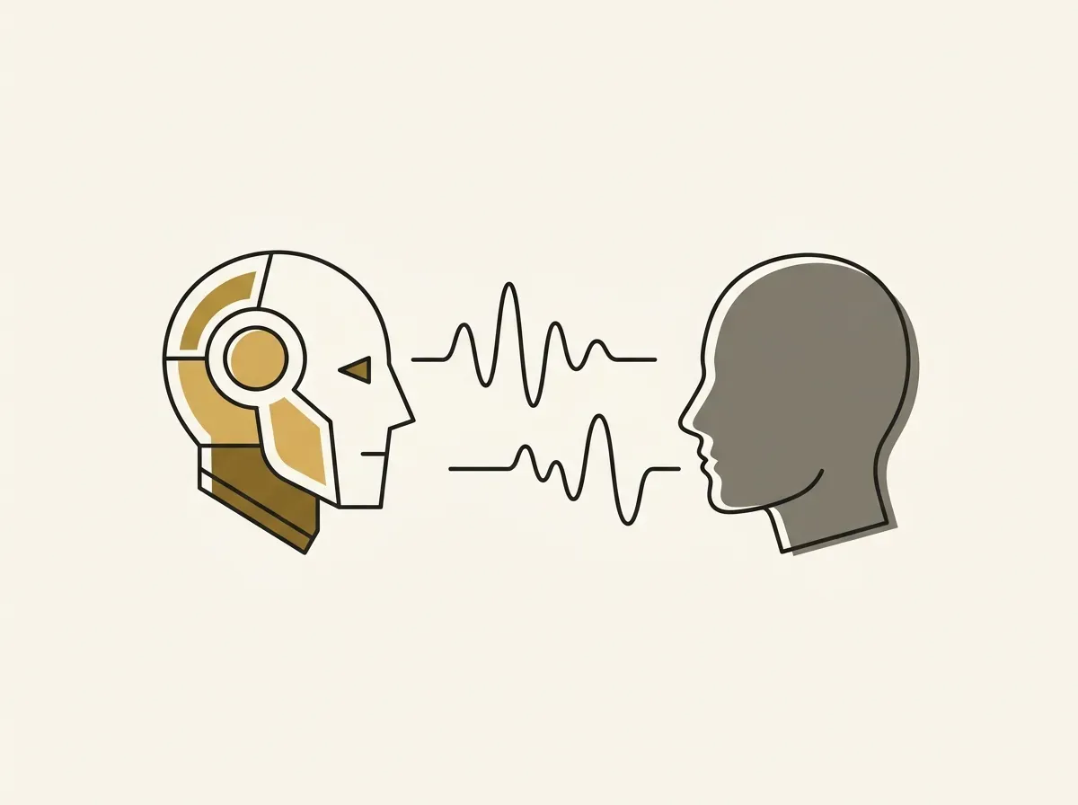 An illustration of an AI agent and a person having a conversation, represented by sound waves.