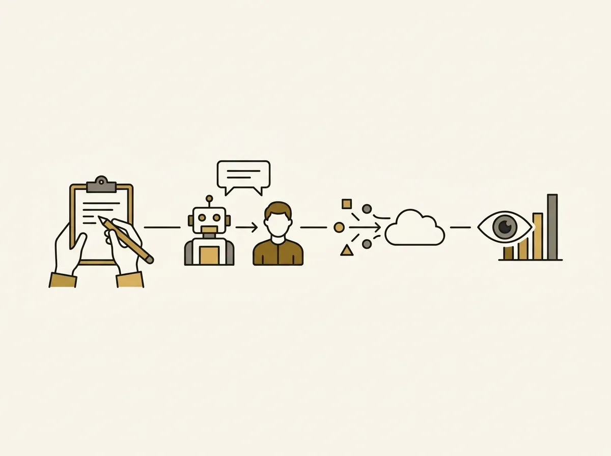 A four-step diagram showing the process of an AI-moderated study, from design to analysis.