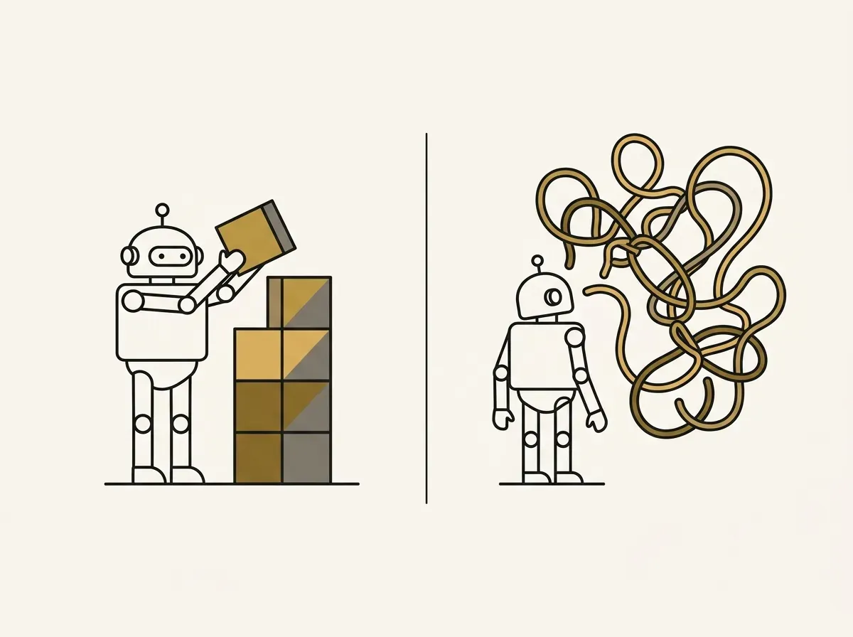 A split image showing a robot succeeding at a structured task but struggling with a complex, tangled problem.