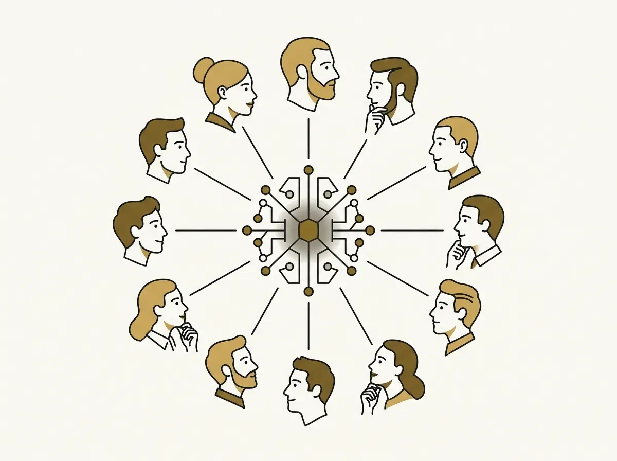 An abstract icon of an AI connects to several icons of people, representing an AI-moderated interview at scale.