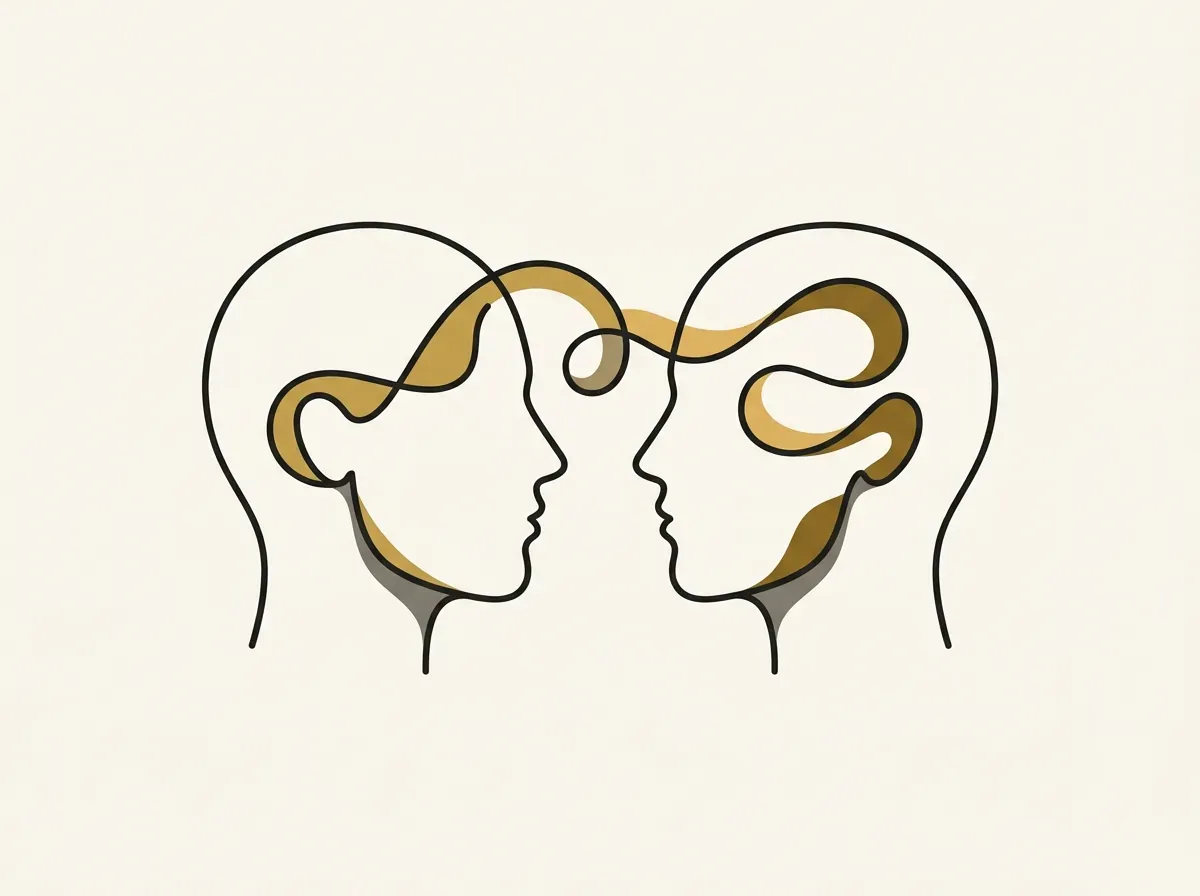 Two human profiles face each other, connected by a single line, representing a human-moderated interview.