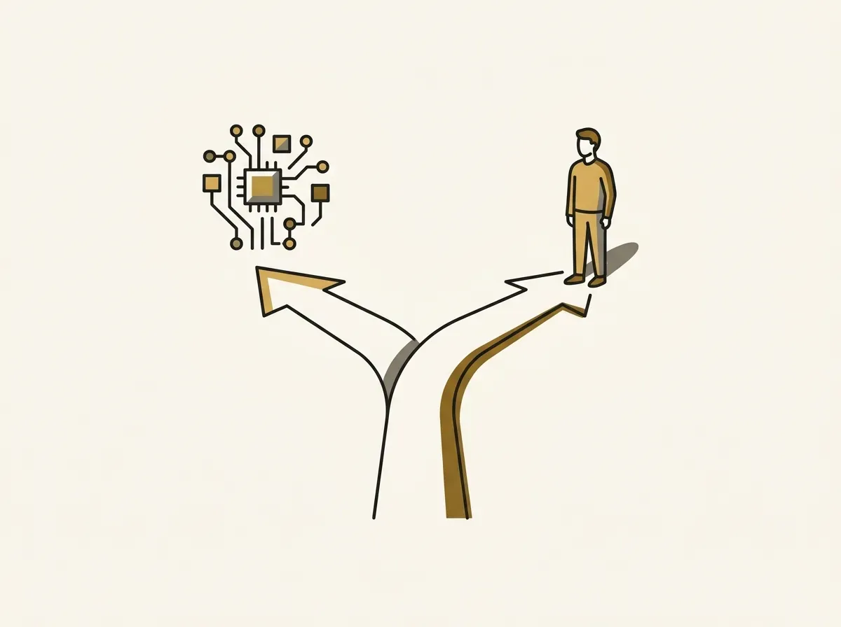 A path forks, with one direction leading to a technology icon and the other to a human icon, symbolizing a choice of methods.