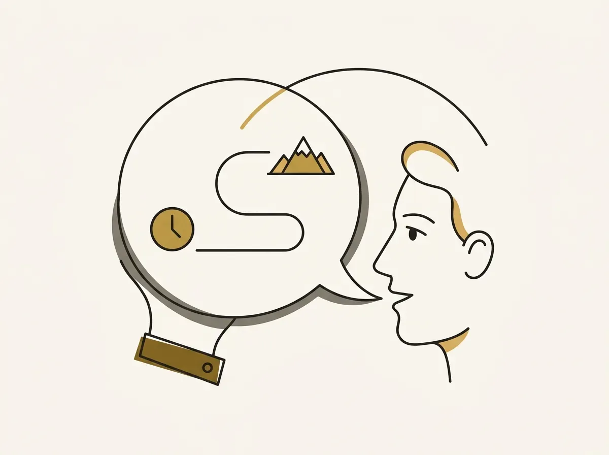 An illustration of a person telling a story, represented by a path from a clock to a goal inside a speech bubble.