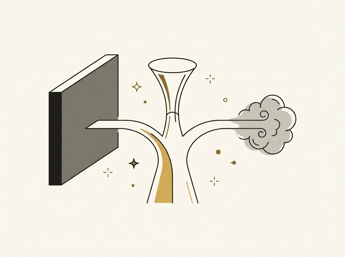 An illustration of a path splitting into three dead ends: a wall, a funnel, and a cloud, representing bad questions.