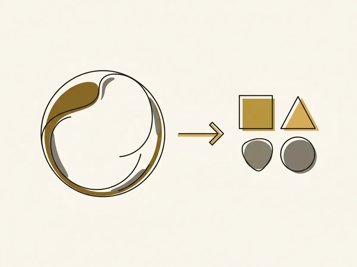 A large circle points to three smaller, distinct shapes, symbolizing breaking a broad goal into clear research objectives.