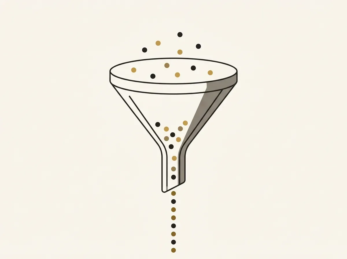 Dots enter a funnel scattered and exit in an orderly line, representing the interview flow from broad to specific topics.