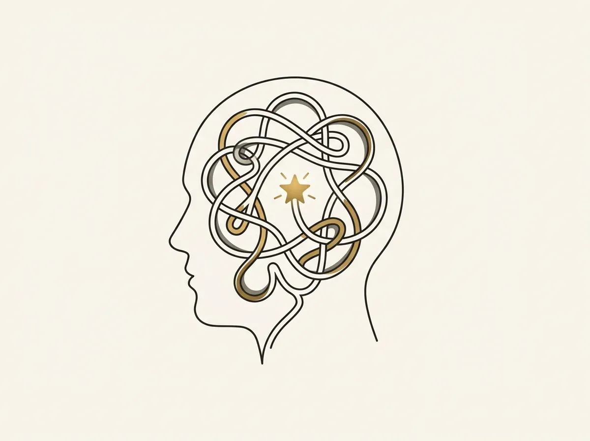 An illustration of a human head with a tangled line inside, representing complex motivations.