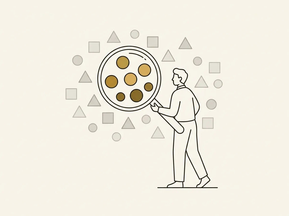 An illustration showing confirmation bias, where a person looking through a lens only sees shapes that match the lens's shape.