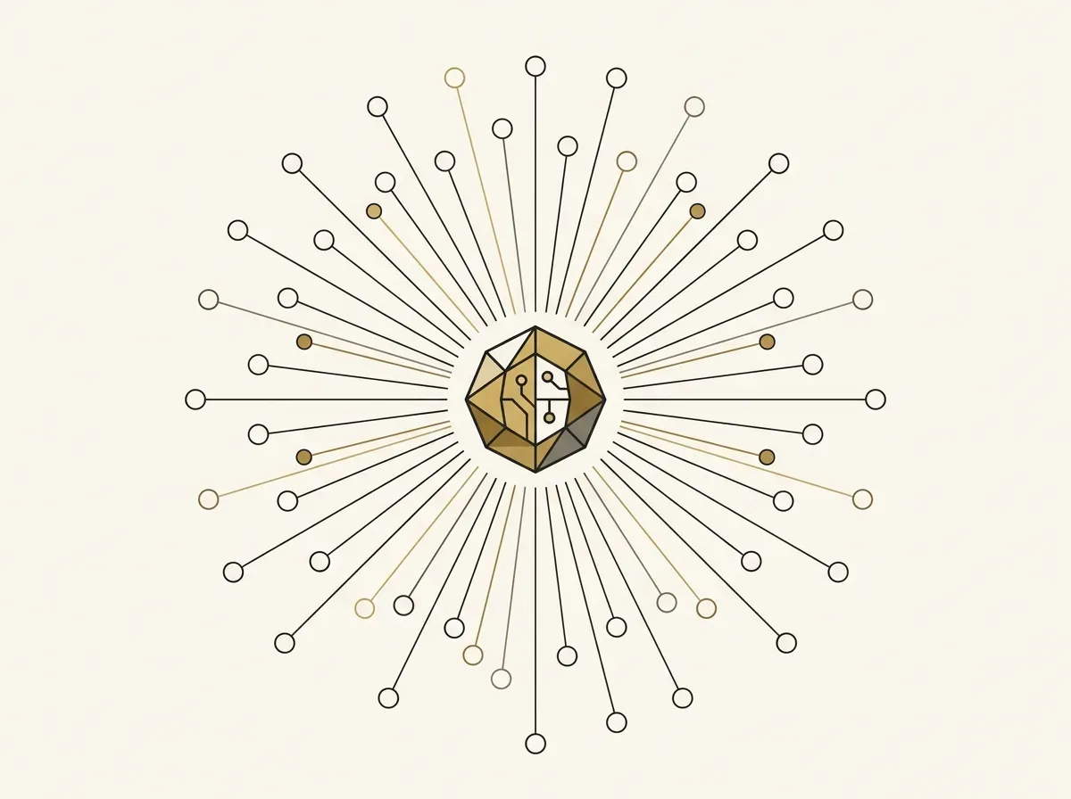 An abstract AI shape conducting many interviews simultaneously, shown by lines connecting to many small circles.