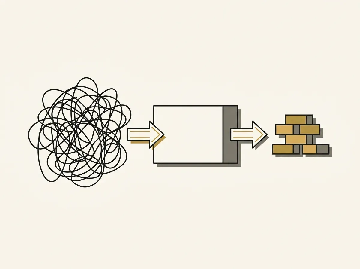 An illustration showing tangled lines of data being processed by a box and emerging as neat, organized blocks.