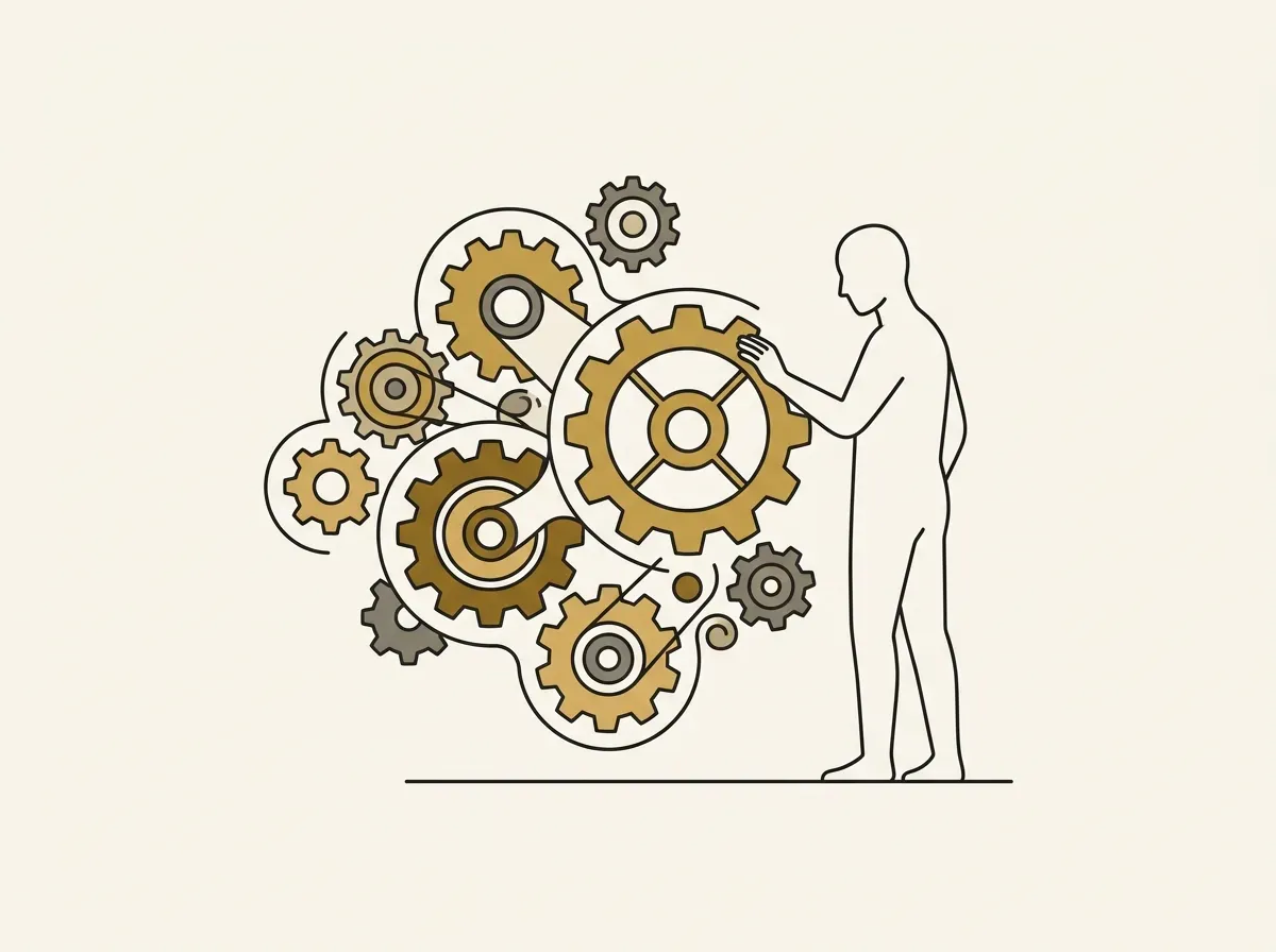 A human silhouette carefully inspects and guides a system of interconnected gears, representing human oversight of AI.