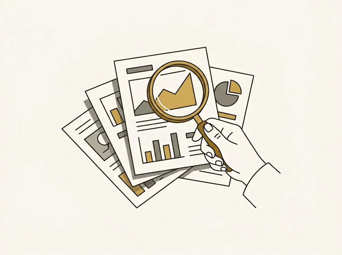 An illustration of a hand holding a magnifying glass over a stack of papers, representing secondary research.