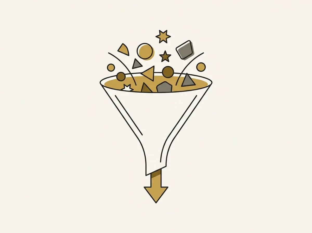 An illustration of a funnel turning broad information into a single, focused point, representing the research strategy.