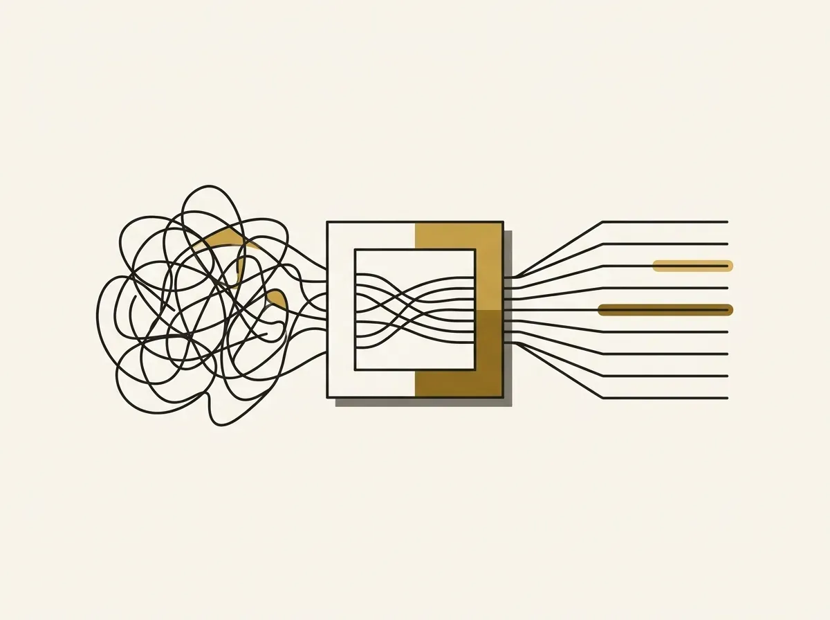 An illustration showing tangled lines being transformed into organized, parallel lines, representing qualitative analysis.