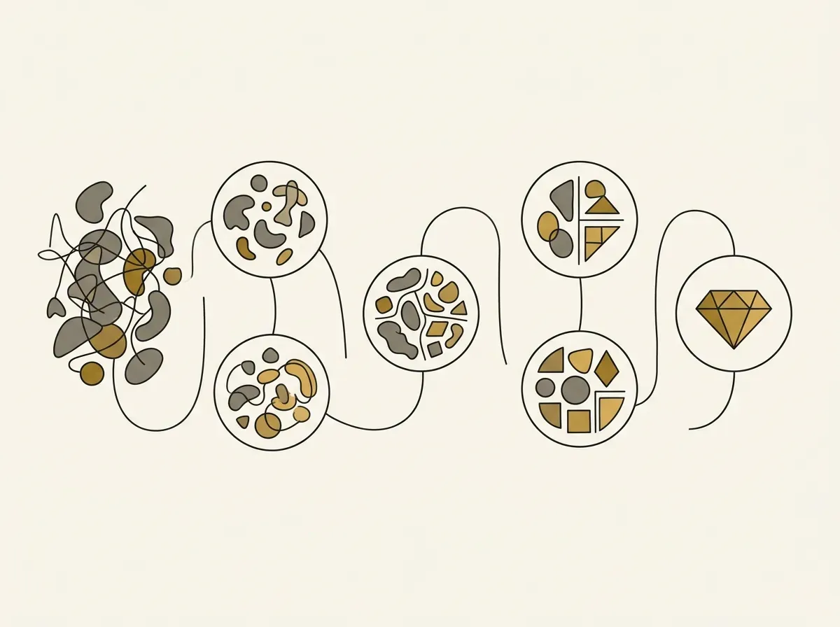 An illustration of a path with five steps, showing abstract shapes becoming more organized at each step.