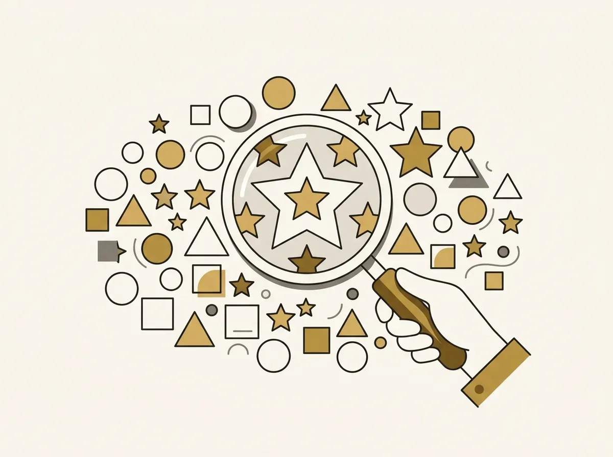 A magnifying glass shaped like a star only shows star shapes from a diverse collection, representing researcher bias.