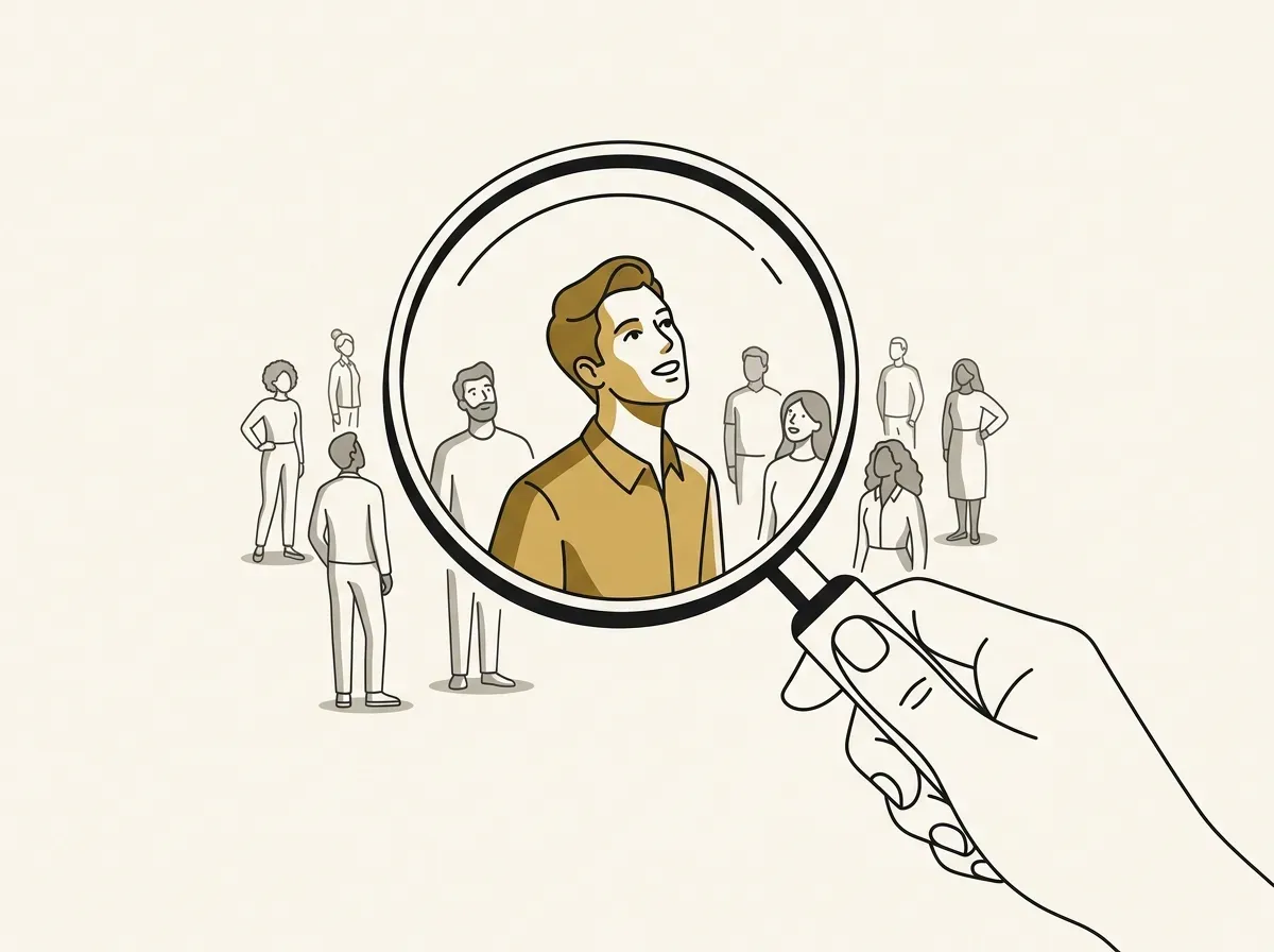 A magnifying glass enlarges one person out of a crowd, symbolizing the focused nature of customer research.