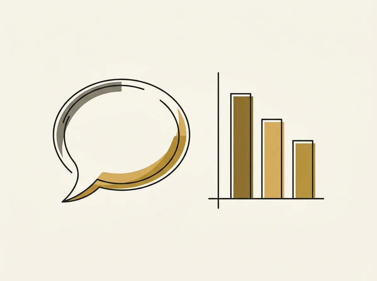 A speech bubble sits next to a bar chart, representing qualitative and quantitative research methods.