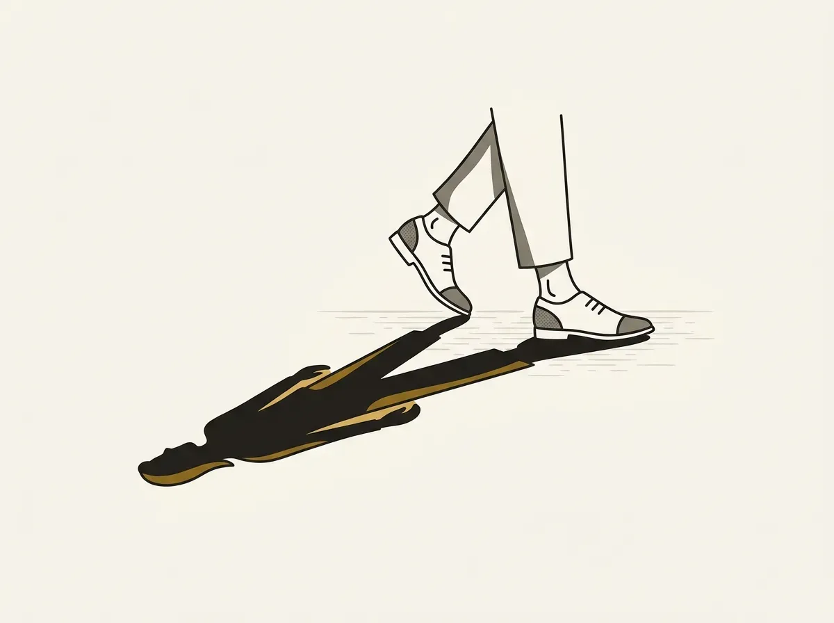 A person's feet walk one way while their shadow points the other, symbolizing the gap between what people say and do.