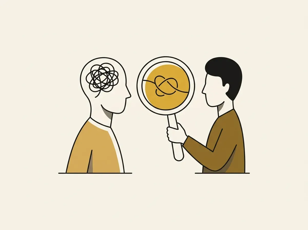 An interviewer with a magnifying glass examining the tangled thoughts of a customer, representing a discovery interview.