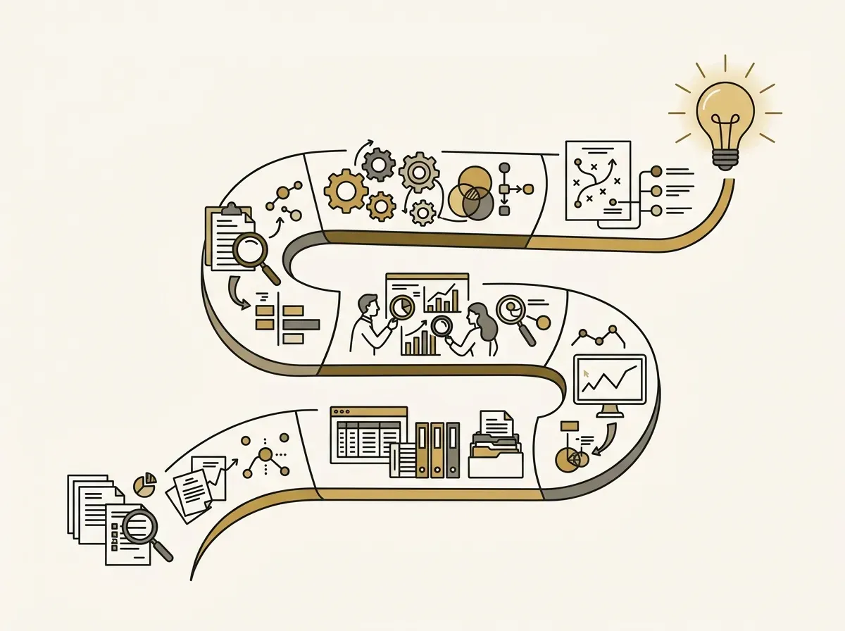 A five-step path leading to a lightbulb, symbolizing the process of conducting customer discovery interviews.