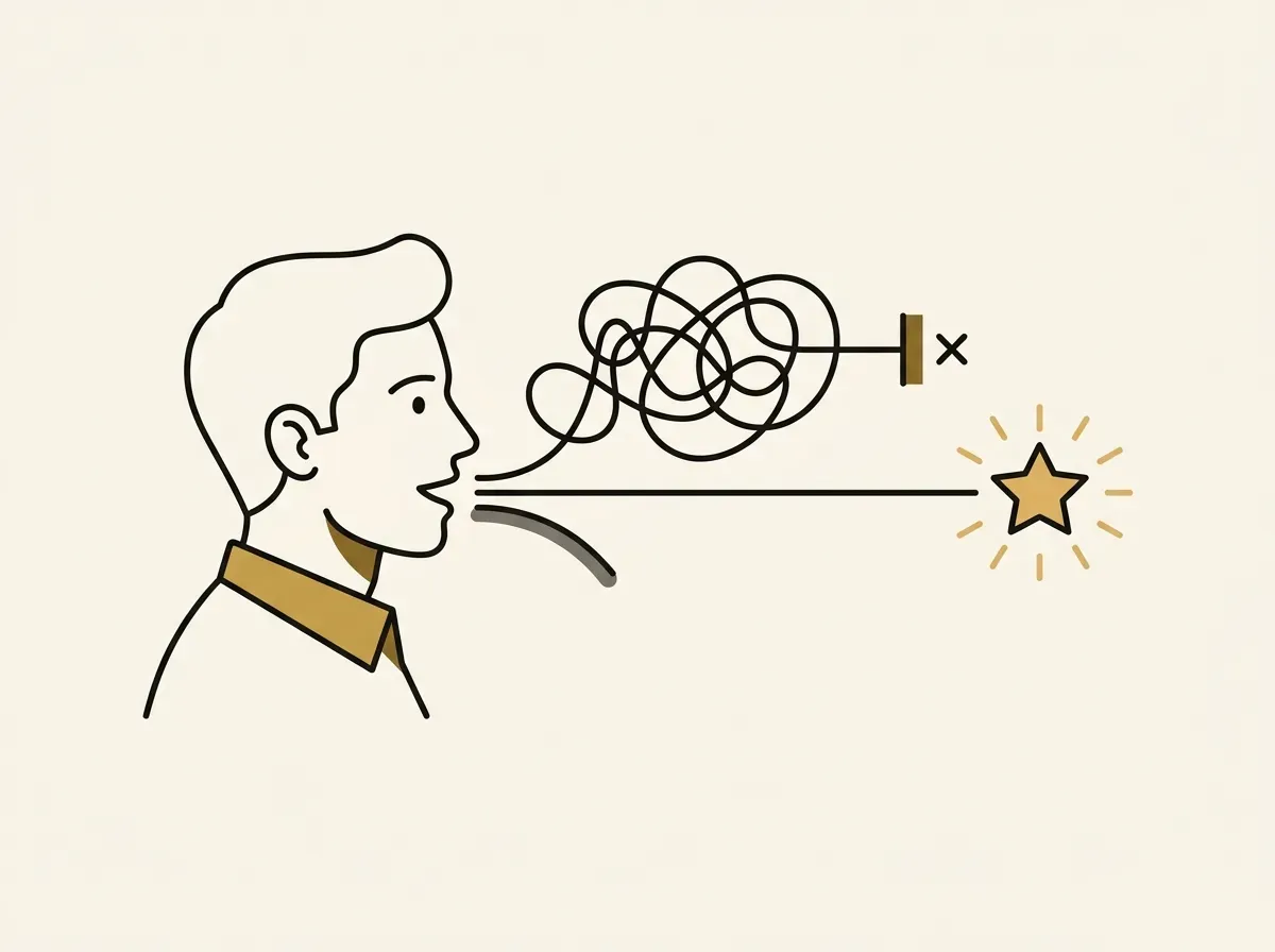 An illustration showing two paths from a person's mouth: one tangled and one straight, symbolizing good vs. bad questions.