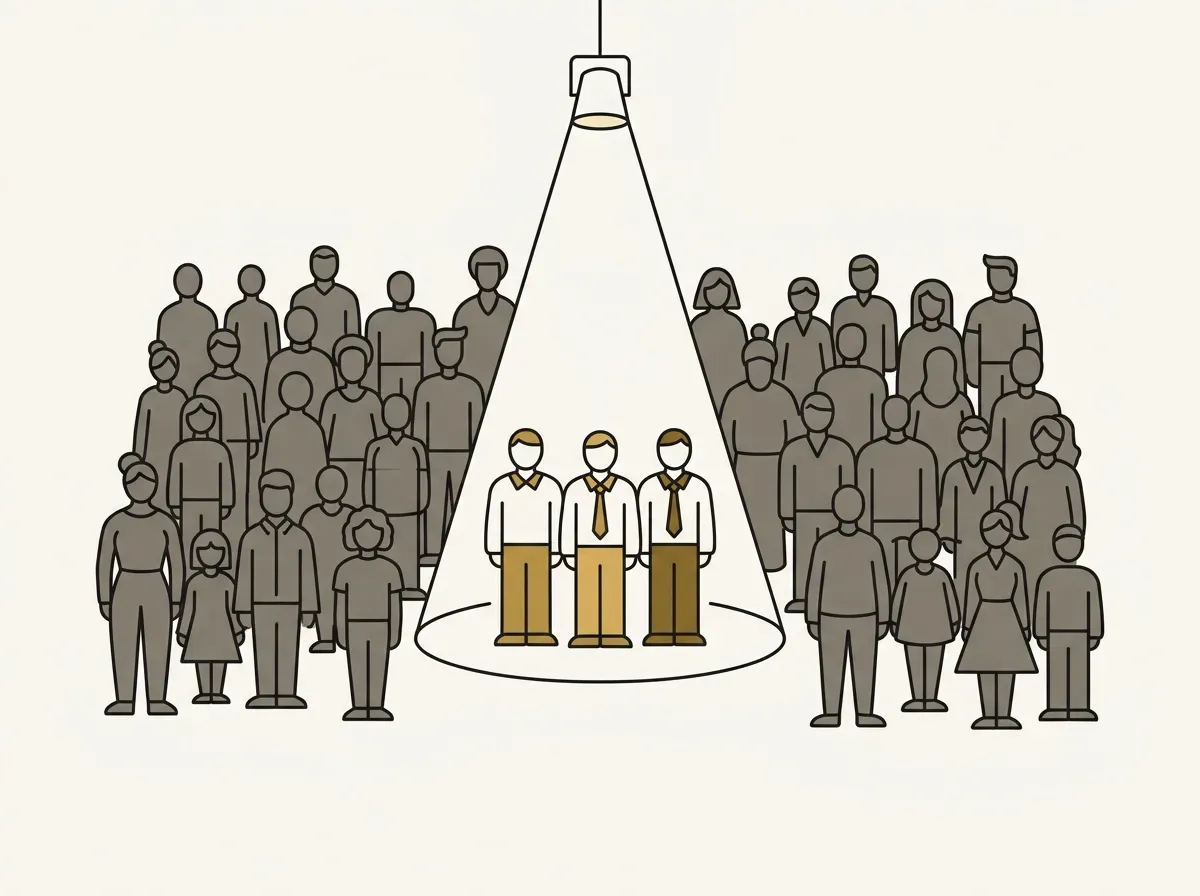 An illustration of a spotlight highlighting a small, uniform group within a large, diverse crowd, representing sampling bias.