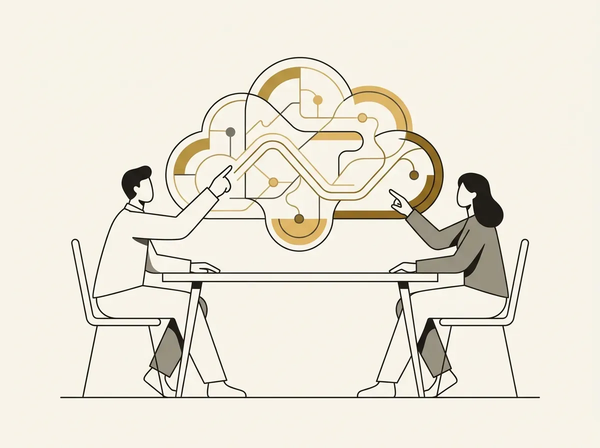 An illustration of two people analyzing an abstract data cloud together, representing collaborative synthesis to reduce bias.