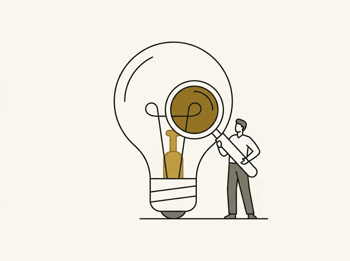 An abstract person holds a magnifying glass up to a large lightbulb, representing the evaluation of a new idea.