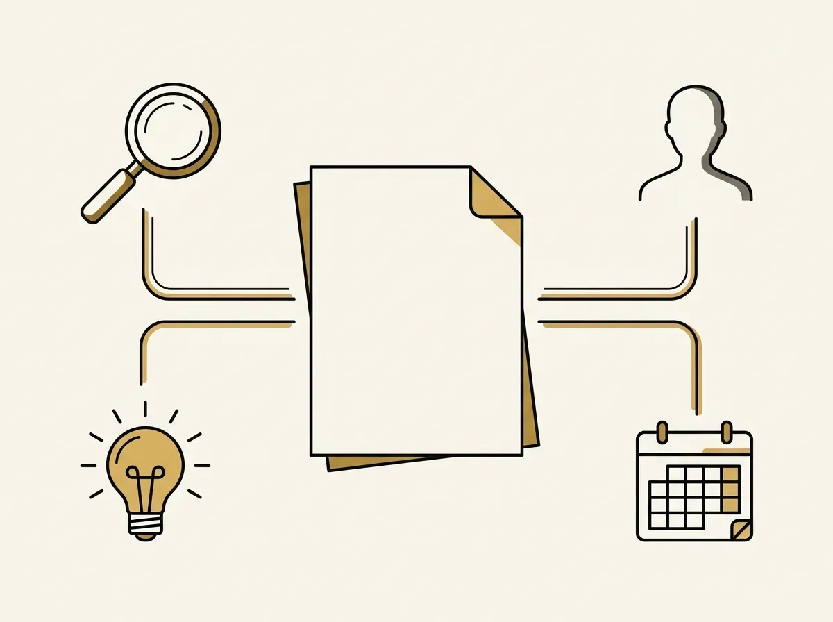 An illustration of a document connecting to icons for research, people, a timeline, and insights, representing a user research plan.