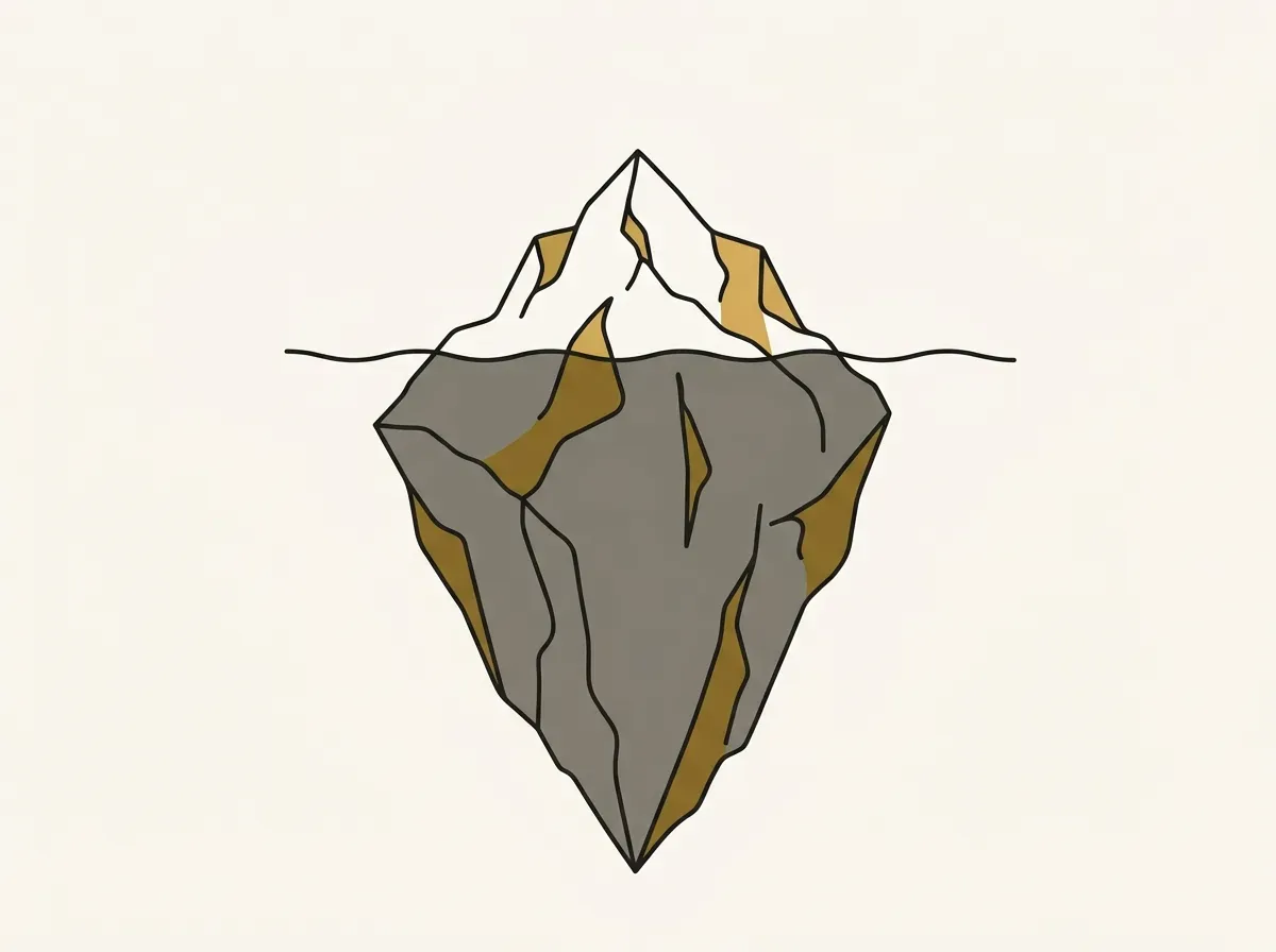 An iceberg with its small tip above the water and its massive base hidden below, representing a hidden underlying problem.