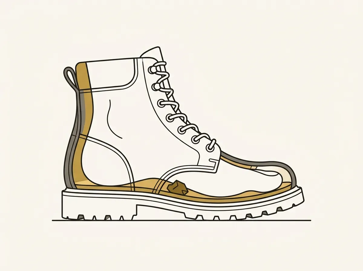 A simple drawing of a boot in profile, with a single small rock inside, representing a persistent annoyance or friction.