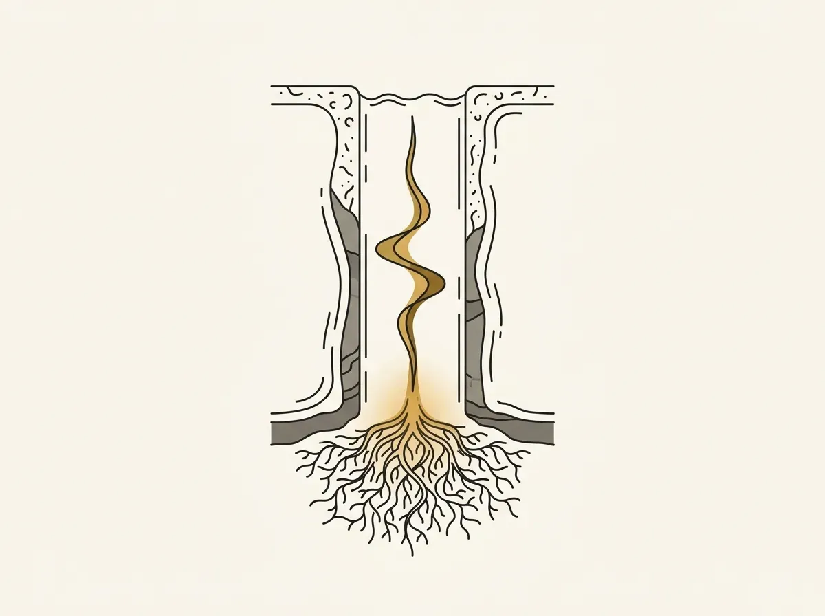 An illustration of a sound wave traveling deep into water to reveal a complex root system, representing deep interview insights.