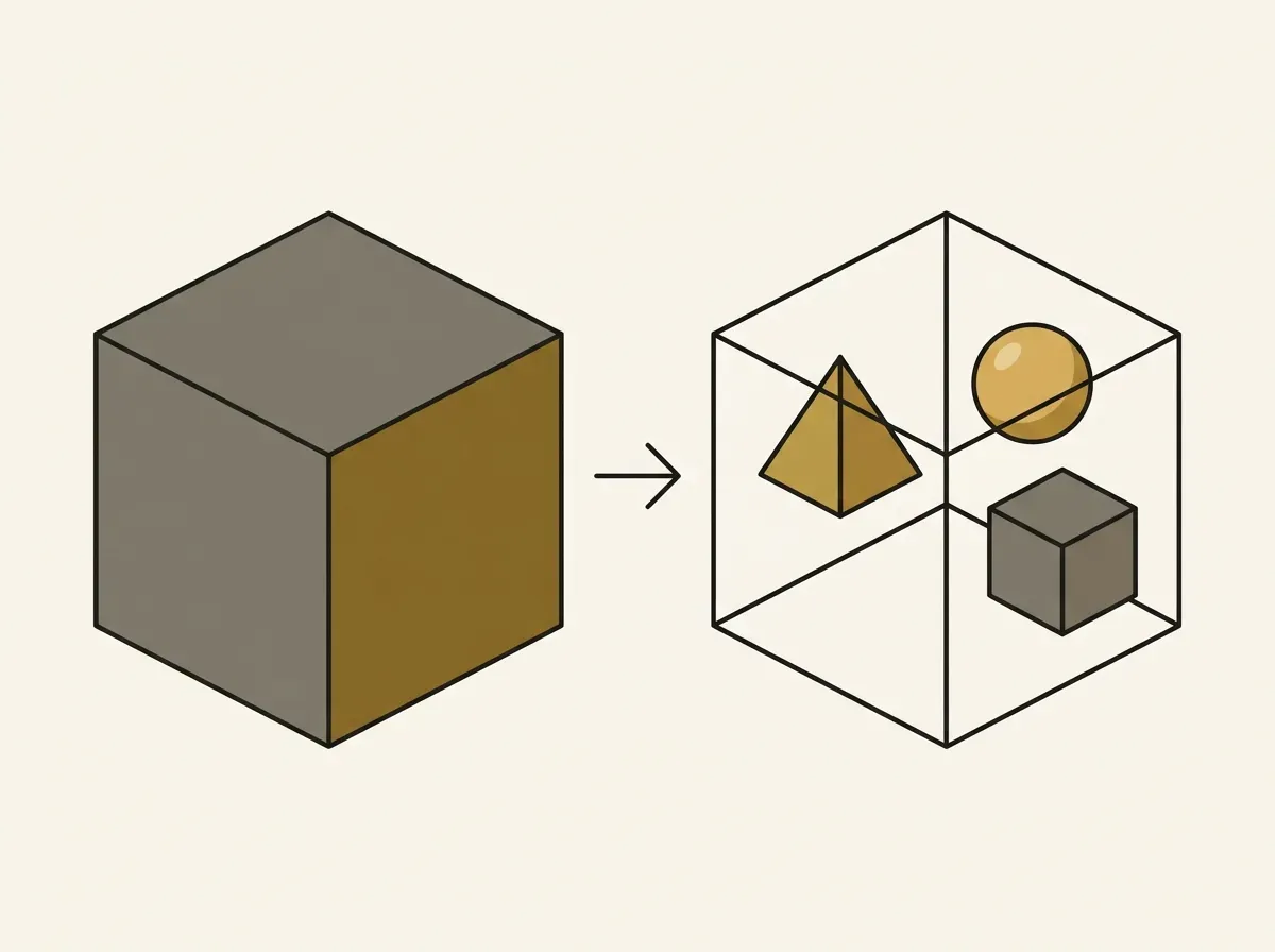 An illustration showing a single opaque block being transformed to reveal three distinct shapes inside, symbolizing a single problem with multiple root causes.