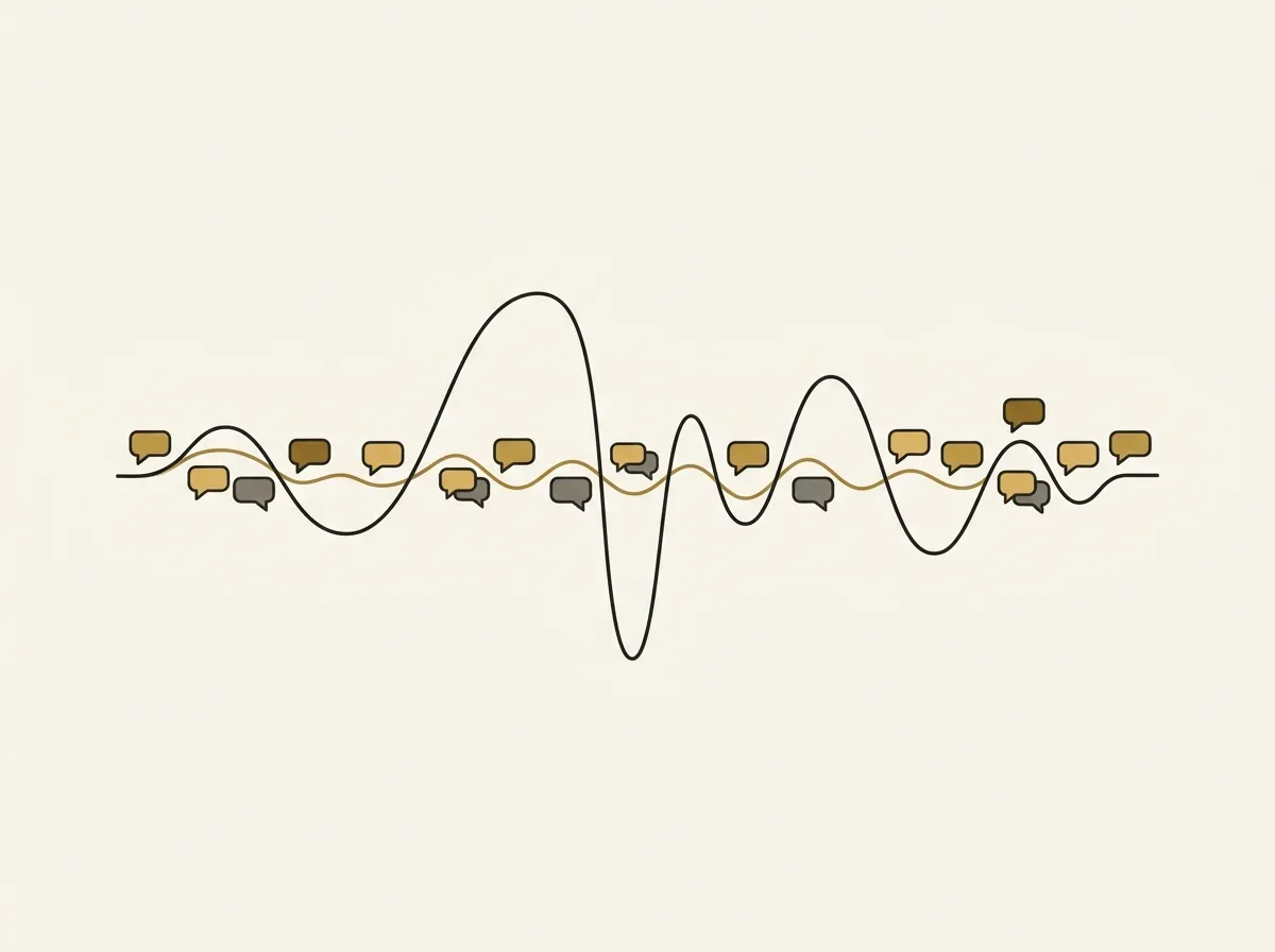 An illustration of a continuous wave with speech bubbles along it, representing a constant stream of AI voice interviews.